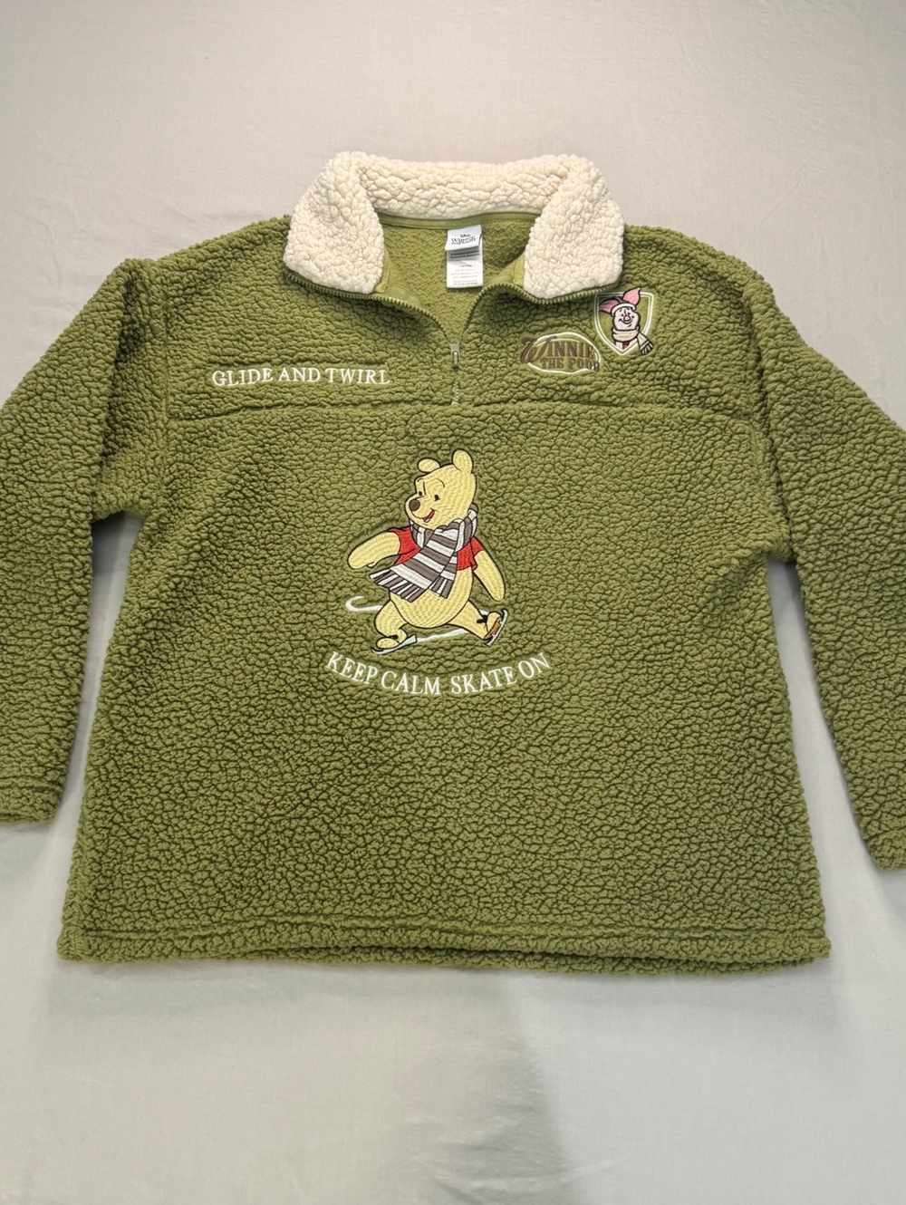 Disney Winnie The Pooh Womens L Green Sherpa Fleece 1/4 Zip Pullover Skating
